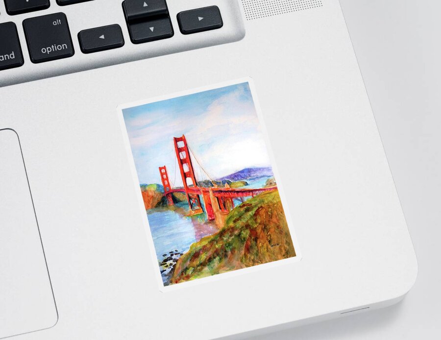 Golden Gate Bridge Sticker featuring the painting San Francisco Golden Gate Bridge Impressionism by Carlin Blahnik CarlinArtWatercolor