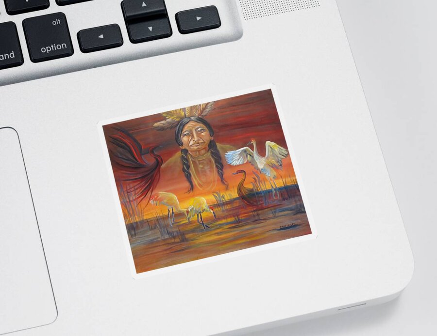 Native American Sticker featuring the painting Sand Crane Dreams by Carol Allen Anfinsen