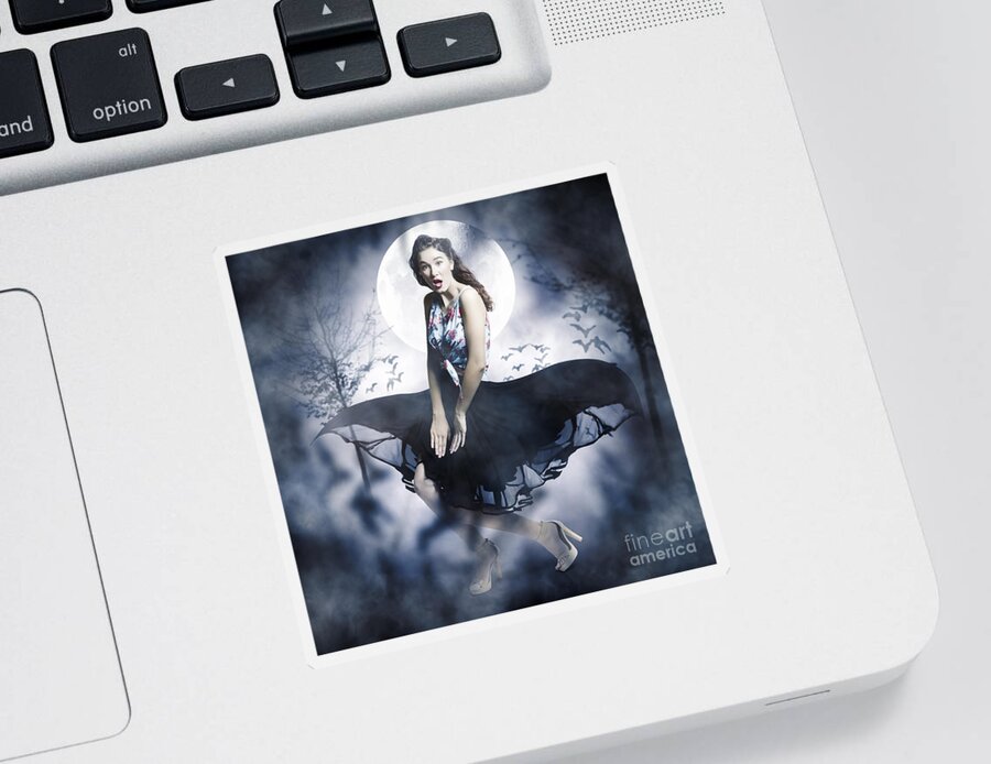 Horror Sticker featuring the photograph Scared young woman in eerie halloween forest by Jorgo Photography