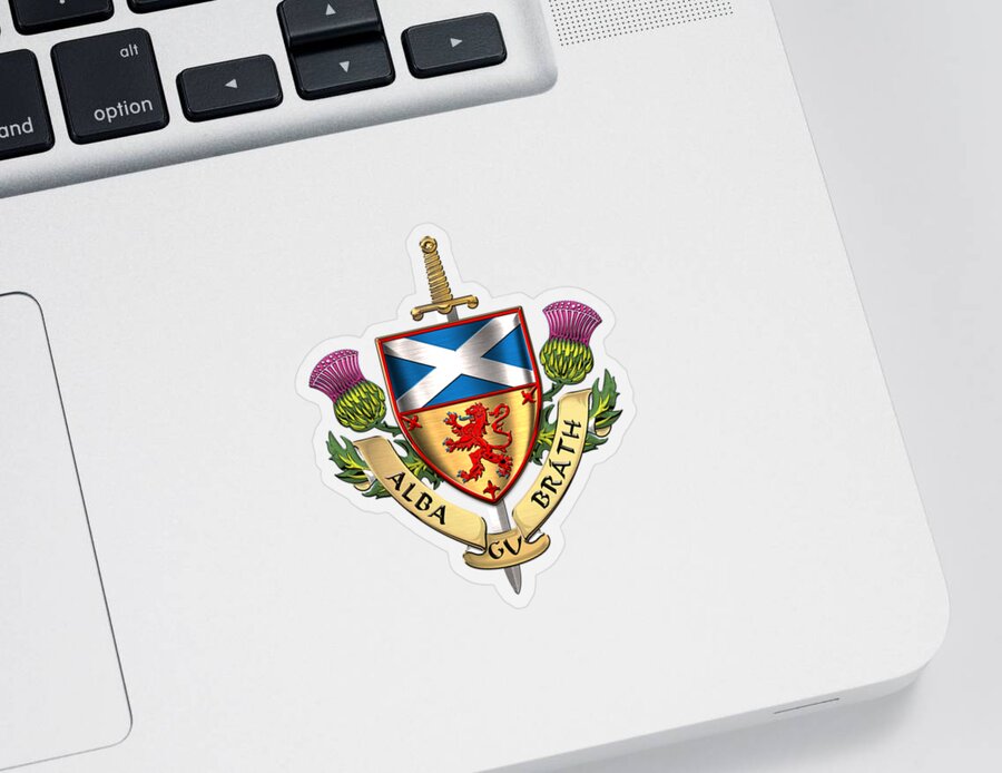 “world Heraldry” Collection Serge Averbukh Sticker featuring the digital art Scotland Forever - Alba Gu Brath - Symbols of Scotland over Red Velvet by Serge Averbukh