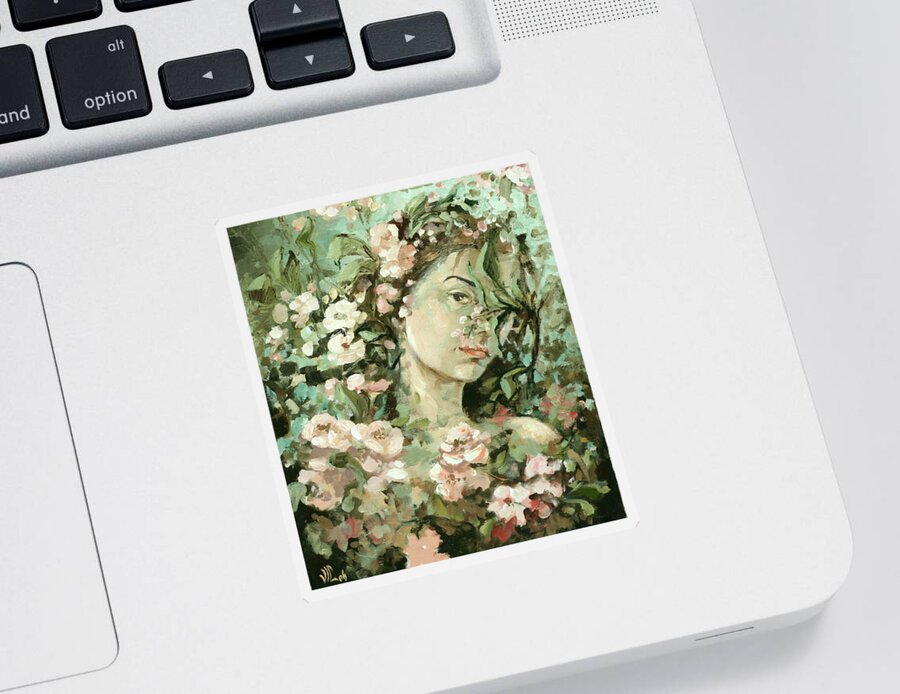 Portrait Sticker featuring the painting Self Portrait With Aplle Flowers by Vali Irina Ciobanu