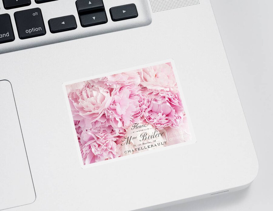 Peony Sticker featuring the photograph Shabby Chic Pink Pastel Peonies French Script - Paris Pink Peonies Baby Girl Nursery Decor by Kathy Fornal