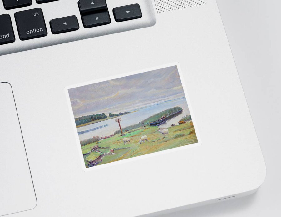 Painting Sticker featuring the painting Sheep Near Fjord by Mountain Dreams