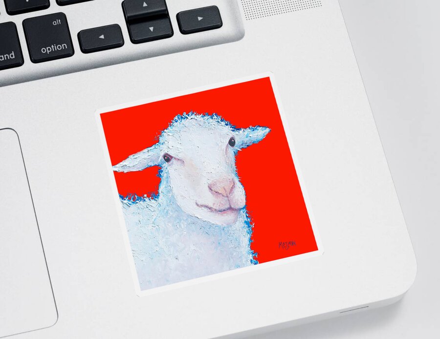 Sheep Sticker featuring the painting Sheep painting on red background by Jan Matson
