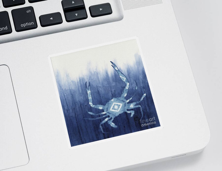 Blue Crab Sticker featuring the painting Shibori Blue 4 - Patterned Blue Crab over Indigo Ombre Wash by Audrey Jeanne Roberts
