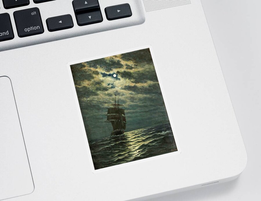 Martin Aagaard Sticker featuring the painting Ship in the Moonlight by Martin Aagaard