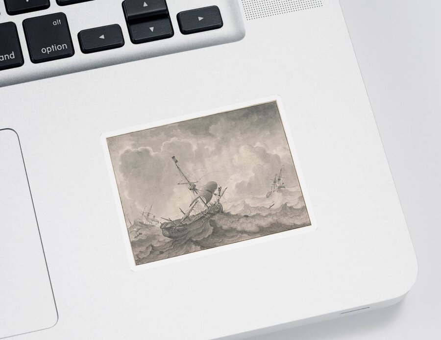 Ludolf Bakhuizen Sticker featuring the drawing Ships on a Stormy Sea by Ludolf Bakhuizen