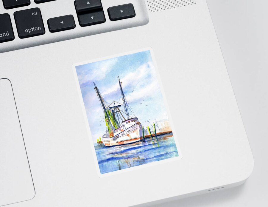 Shrimp Boat Sticker featuring the painting Shrimp Boat Gulf Fishing by Carlin Blahnik CarlinArtWatercolor