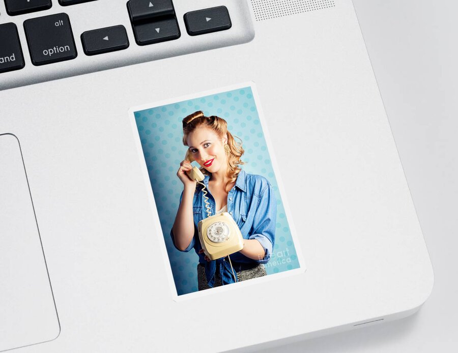 Office Sticker featuring the photograph Sixties Woman Holding Vintage Telephone Handset by Jorgo Photography
