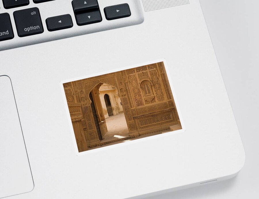 Threshold Sticker featuring the photograph SKN 1317 Threshold of Carvings by Sunil Kapadia