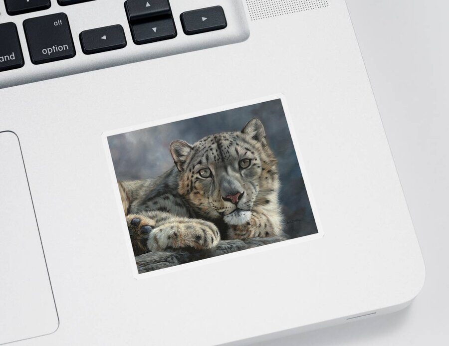 Snow Leopard Sticker featuring the painting Snow Leopard Portrait by David Stribbling