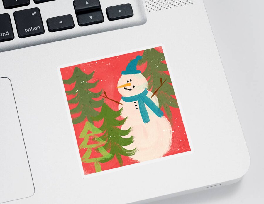 Snowman Sticker featuring the painting Snowman in Blue Hat- Art by Linda Woods by Linda Woods