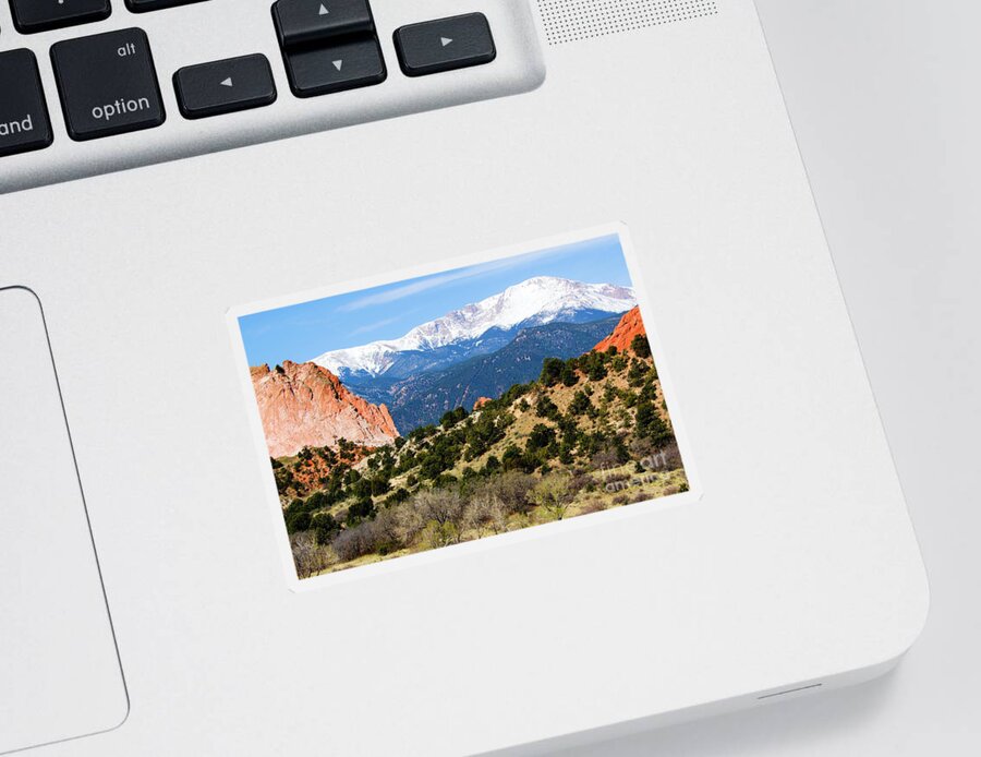 Pikes Peak Sticker featuring the photograph Snowy Pikes Peak and Garden of the Gods Park in Colorado Springs in th by Steven Krull