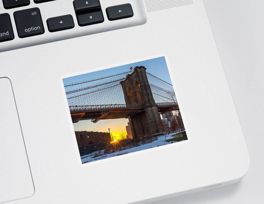 Brooklyn Bridge Sticker featuring the photograph Snowy Sunset Under the Brooklyn Bridge by Alissa Beth Photography