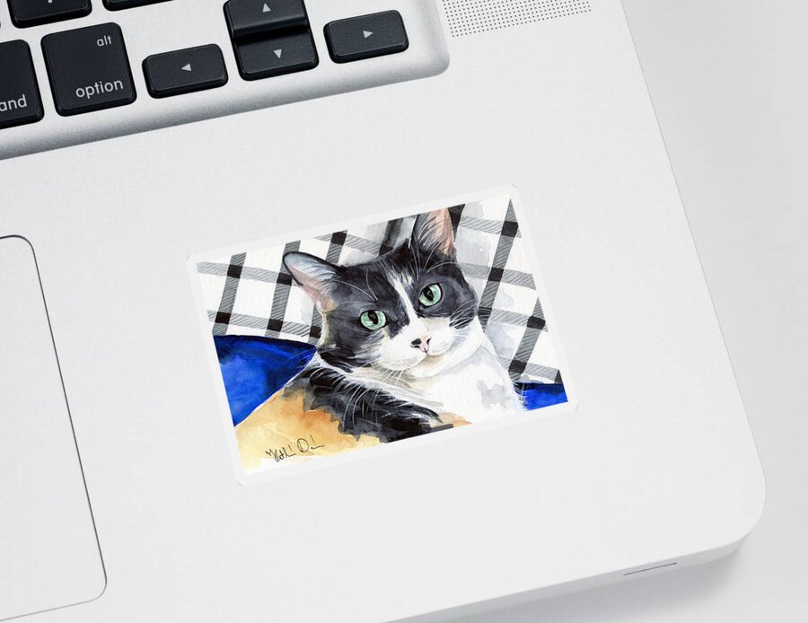 Southpaw Sticker featuring the painting Southpaw - Calico Cat Portrait by Dora Hathazi Mendes