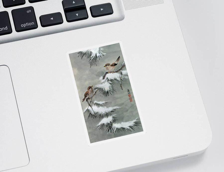 Snow Pine Sticker featuring the painting Sparrows on Snowy Pine by Charlene Fuhrman-Schulz