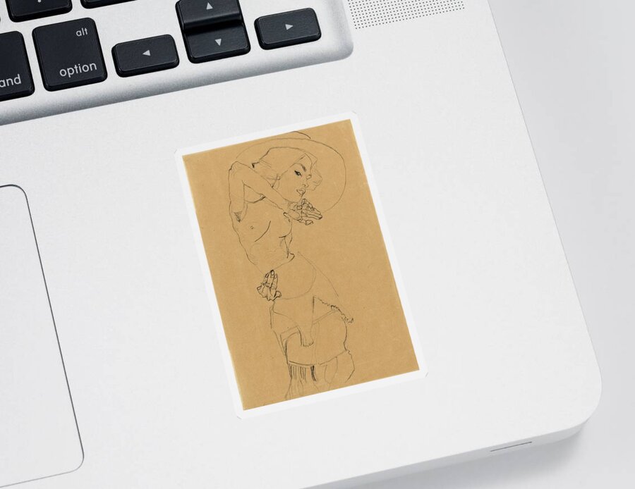 Egon Schiele Sticker featuring the drawing Standing Nude with Large Hat. Gertrude Schiele by Egon Schiele