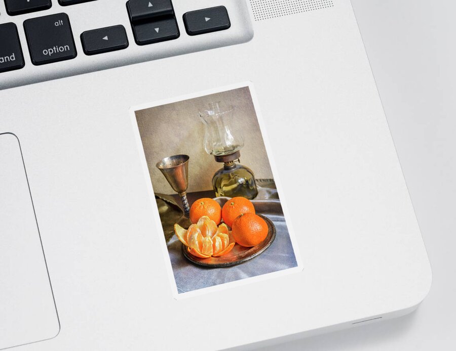 Still Life Sticker featuring the photograph Still life with oil lamp and fresh tangerines by Jaroslaw Blaminsky