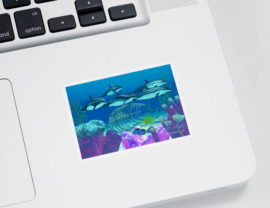 Striped Dolphin Sticker featuring the painting Striped Dolphin and Wreck by Corey Ford