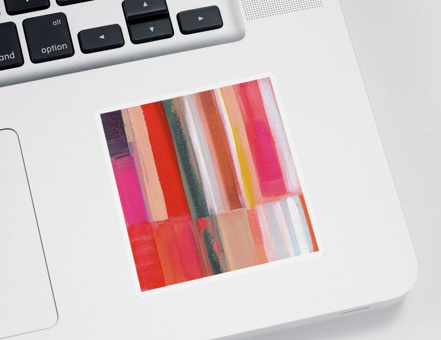 Abstract Modern Scandi Stripes Lines Square Large Colorful Colourful Pink Red Blue White Orange Texture Home Decorairbnb Decorliving Room Artbedroom Artloft Art Corporate Artset Designgallery Wallart By Linda Woodsart For Interior Designersgreeting Cardpillowtotehospitality Arthotel Artart Licensing Sticker featuring the painting Stroget 1- Art by Linda Woods by Linda Woods