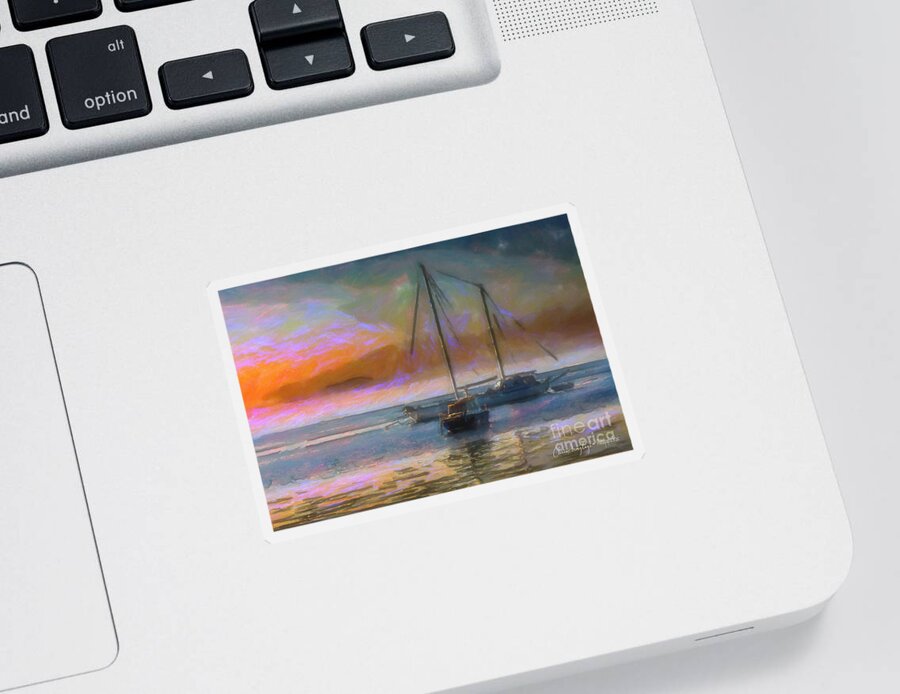 Sunrise Sticker featuring the painting Sunrise with boats by Chris Armytage