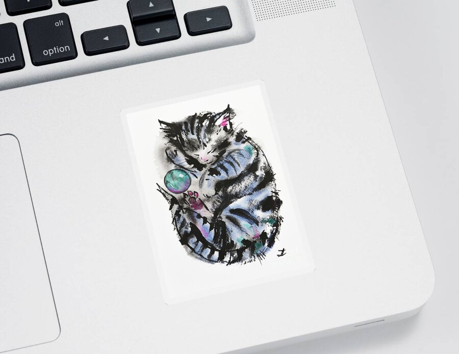 Cat Sticker featuring the painting Tabby Dreams by Zaira Dzhaubaeva