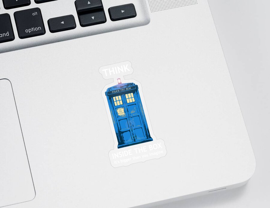 Richard Reeve Sticker featuring the digital art Tardis - Think Inside the Box by Richard Reeve