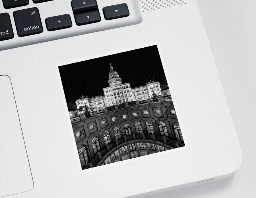 Austin Sticker featuring the photograph Texas State Capitol - bw square by Stephen Stookey