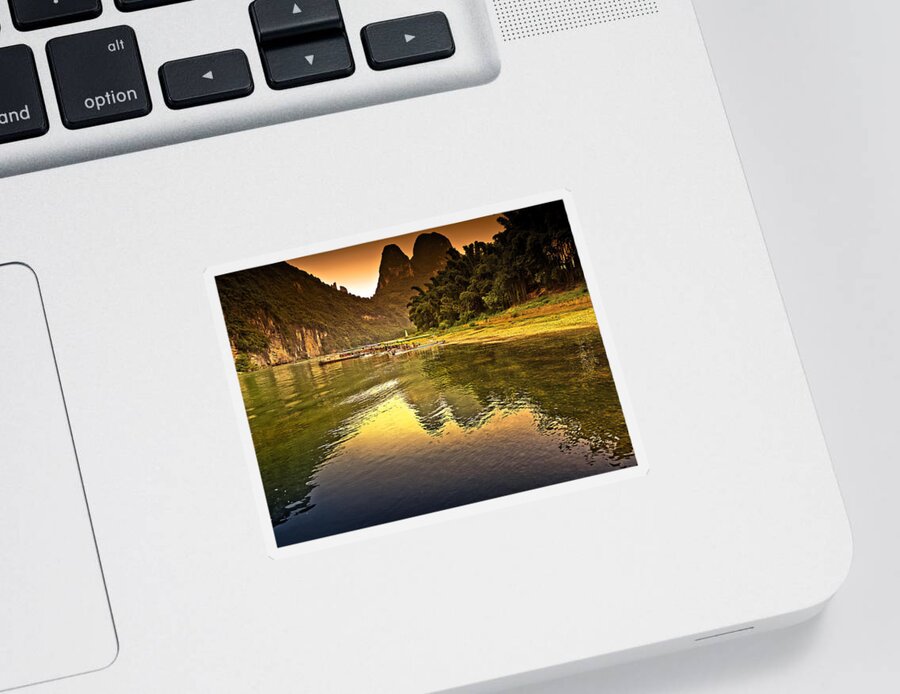 Sunset Sticker featuring the photograph The coming complete peace-China Guilin scenery Lijiang River in Yangshuo by Artto Pan