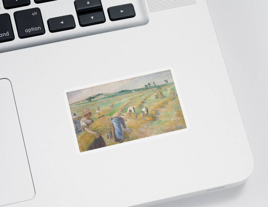 Camille Pissarro Sticker featuring the painting The Harvest by Camille Pissarro