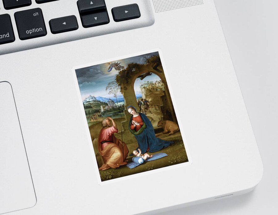 Ridolfo Ghirlandaio Sticker featuring the painting The Holy Family with the Annunciation to the Shepherds beyond by Ridolfo Ghirlandaio