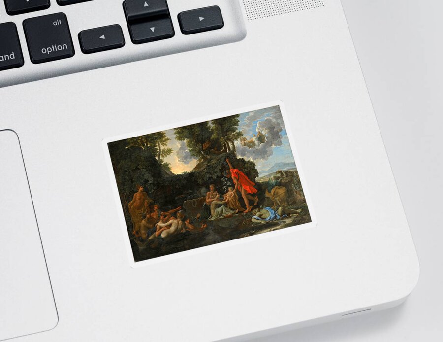 Nicolas Poussin Sticker featuring the painting The Infant Bacchus Entrusted to the Nymphs of Nysa. The Death of Echo and Narcissus by Nicolas Poussin