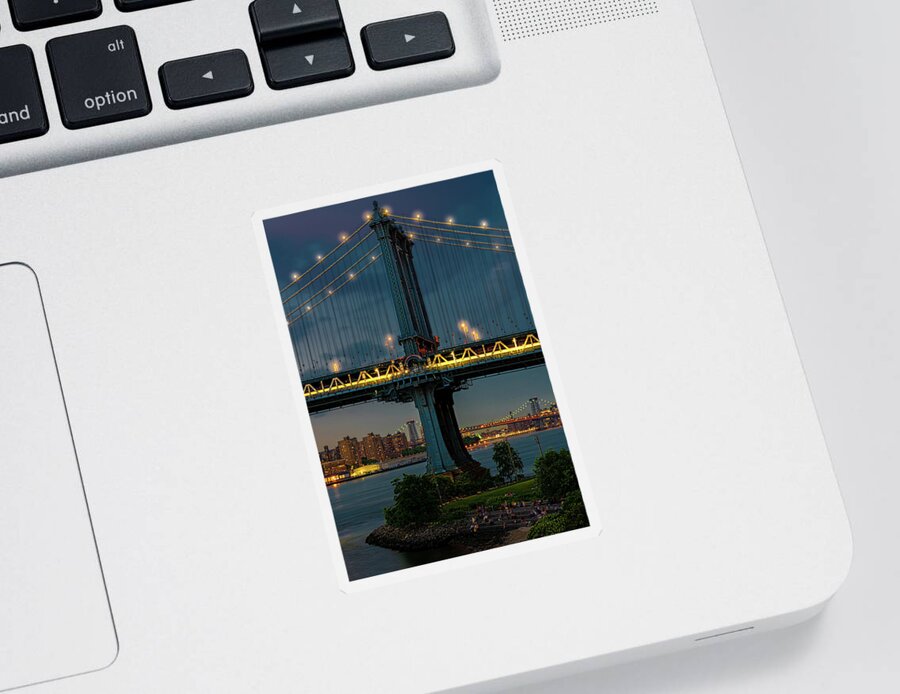 New York City Sticker featuring the photograph The Manhattan Bridge During Blue Hour by Chris Lord