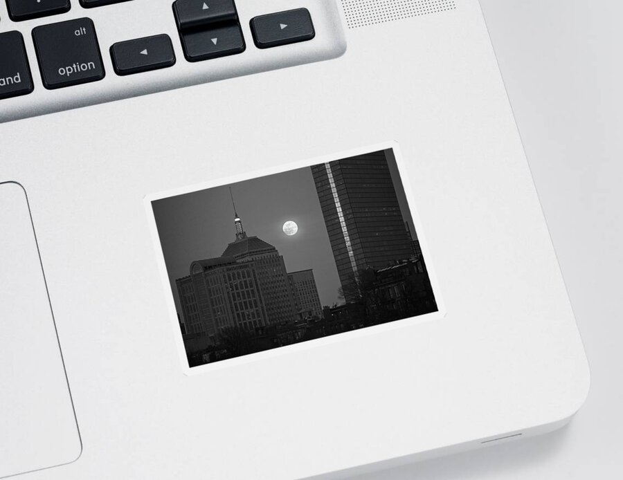 Boston Sticker featuring the photograph The Moon Rising over Boston Black and White by Toby McGuire