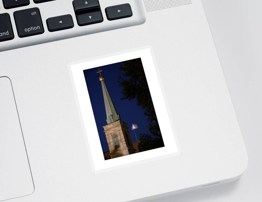 Coblitz Cathedral Old Tower Steeple Church Worship Cross Night Flag Blue Stone Building St Louis Missouri Mo Architecture Architectural Sticker featuring the photograph The Old Cathedral - St. Louis by David Coblitz