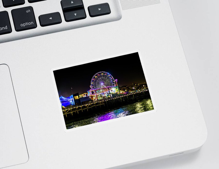 Santa Monica Ferris Wheel Sticker featuring the photograph The Pacific Wheel And Reflections by Gene Parks