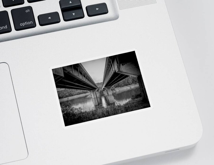 Kelly Hazel Sticker featuring the photograph The Underside of Two Bridges Symmetry in Black and White by Kelly Hazel