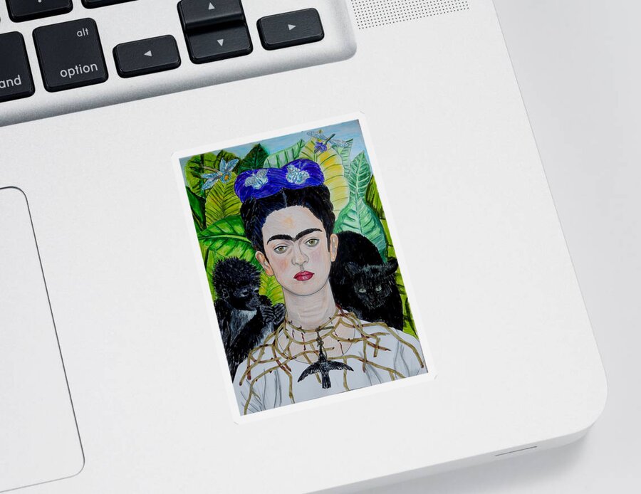 Frida Kahlo Sticker featuring the mixed media Thorn Necklace and Hummingbird after Frida Kahlo by Betty-Anne McDonald
