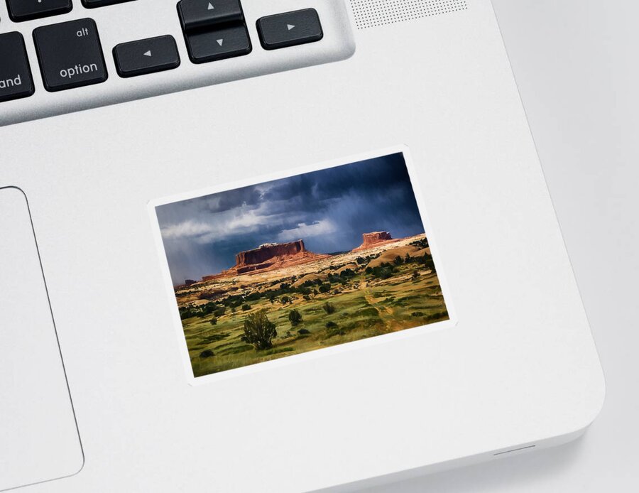 Canyonlands Sticker featuring the digital art Thunderstorms Approach a Mesa by John Haldane