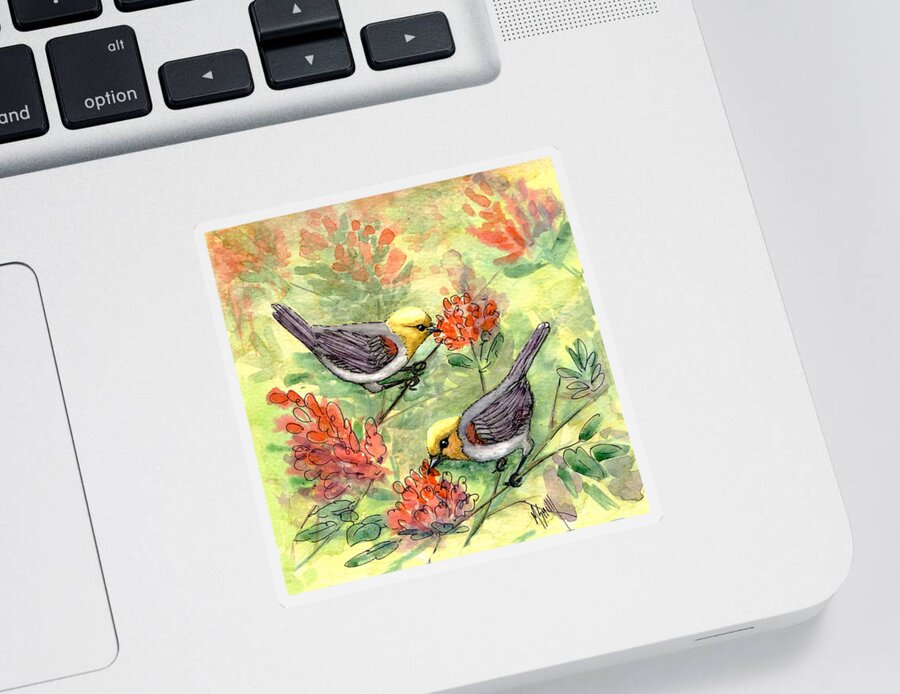 Tiny Birds Sticker featuring the painting Tiny Verdin In Honeysuckle by Marilyn Smith