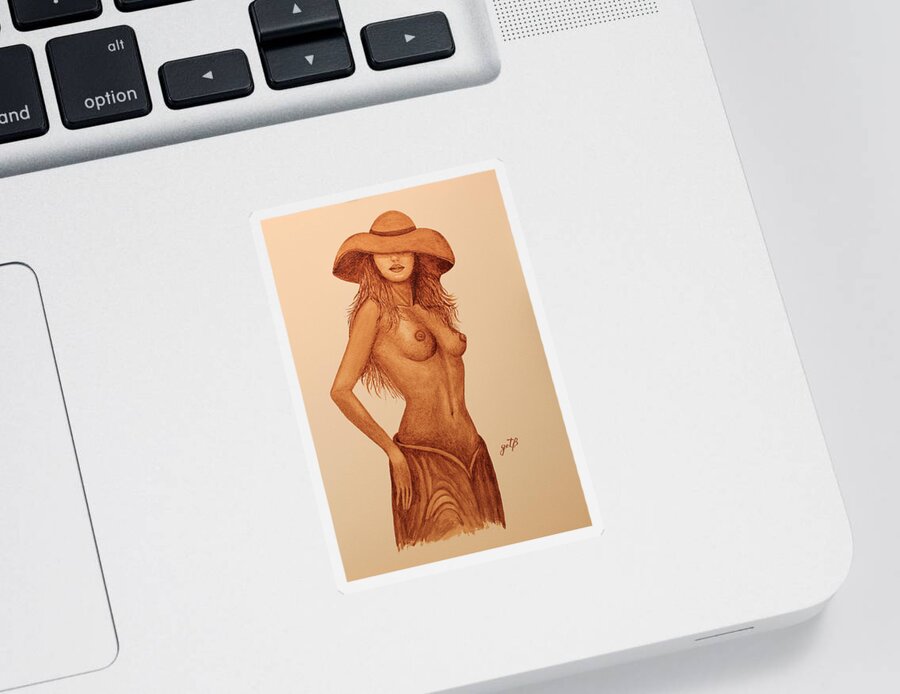 Topless Sticker featuring the painting Topless Beauty With Hat original coffee painting by Georgeta Blanaru