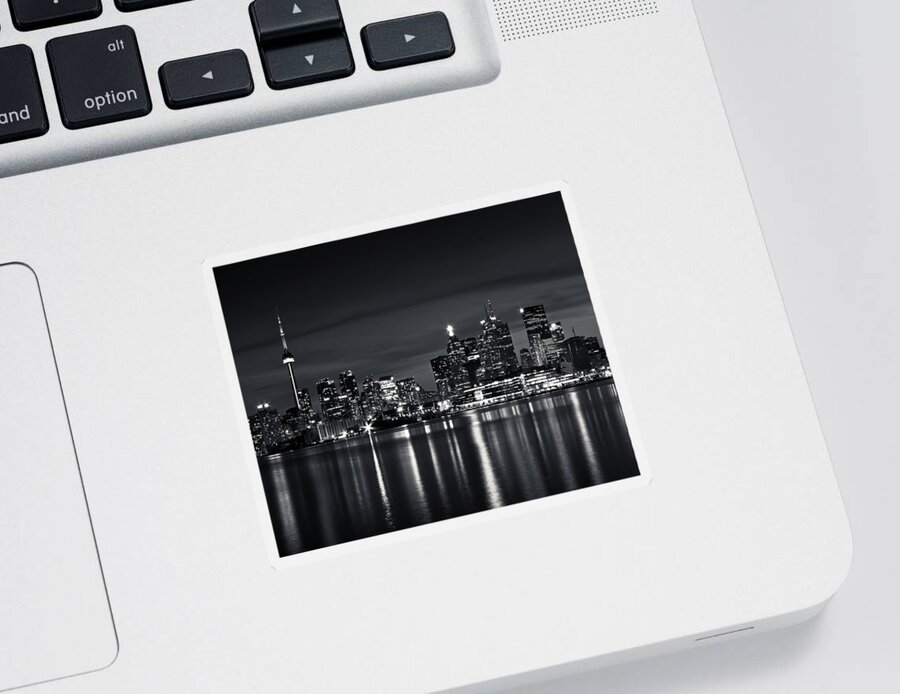 Brian Carson Sticker featuring the photograph Toronto Skyline At Night From Polson St No 2 Black and White Ver by Brian Carson