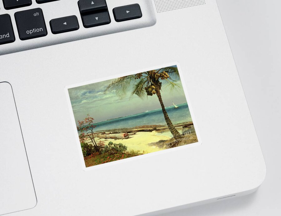 Shore; Exotic; Palm Tree; Coconut; Sand; Beach; Sailing Sticker featuring the painting Tropical Coast by Albert Bierstadt