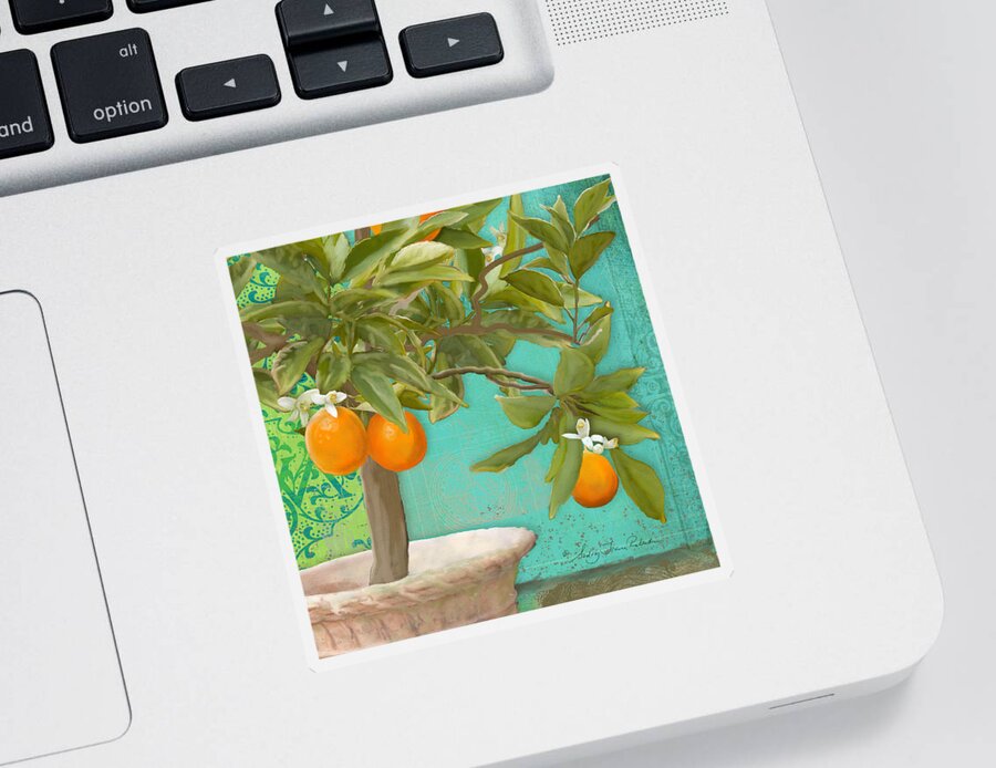 Tuscan Sticker featuring the painting Tuscan Orange Topiary - Damask Pattern 3 by Audrey Jeanne Roberts