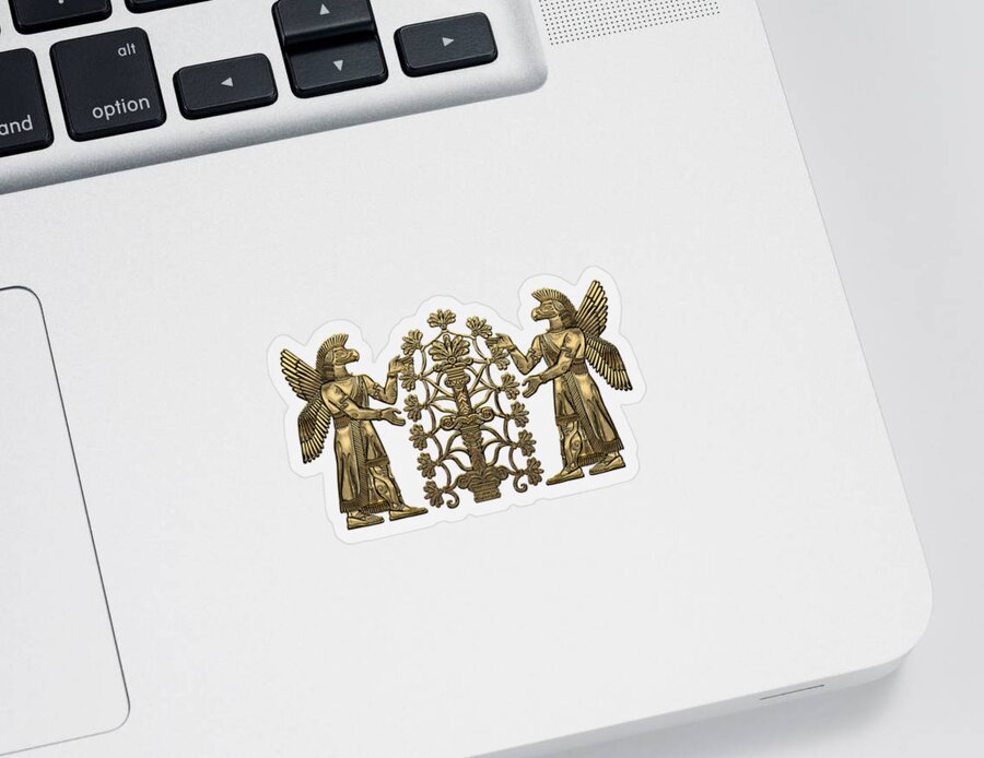 ‘treasures Of Mesopotamia’ Collection By Serge Averbukh Sticker featuring the digital art Two Instances of Gold God Ninurta with Tree of Life over Black Canvas by Serge Averbukh