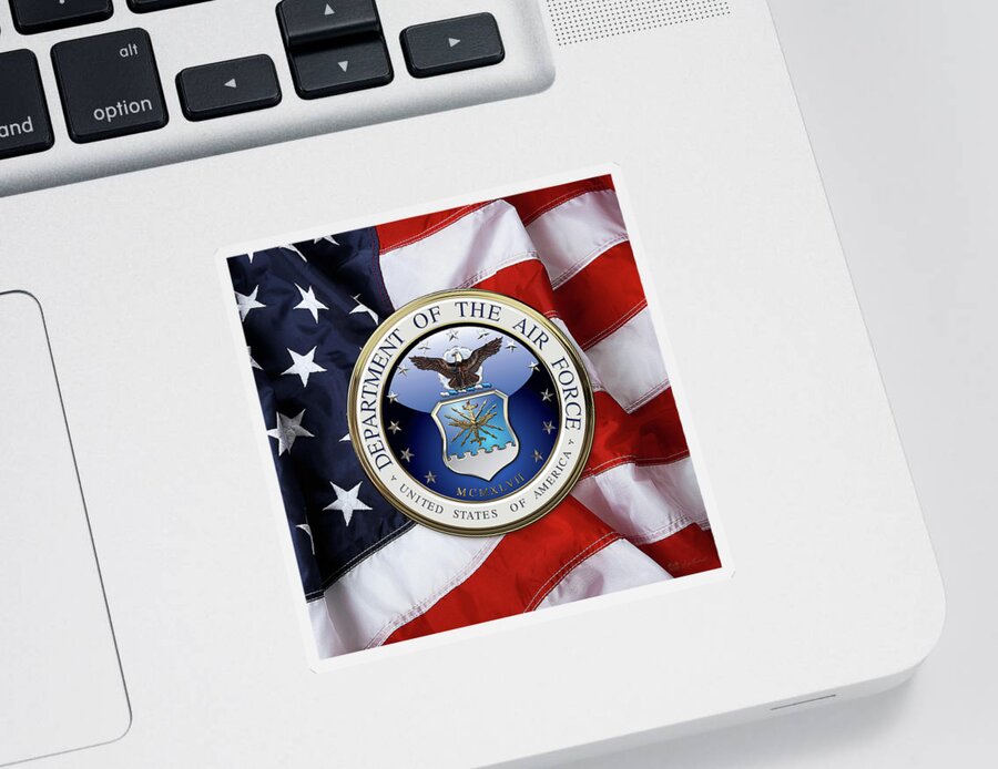 'military Insignia 3d' By Serge Averbukh Sticker featuring the digital art U. S. Air Force - U S A F Emblem over American Flag by Serge Averbukh