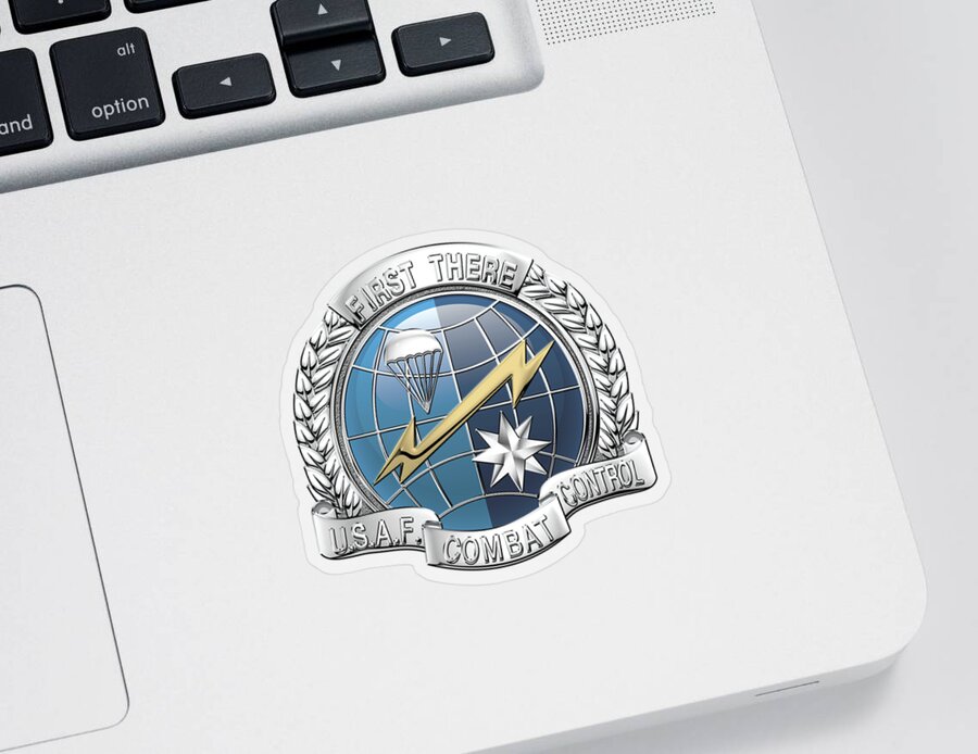 'military Insignia & Heraldry' Collection By Serge Averbukh Sticker featuring the digital art U. S. Air Force Combat Control Teams - Combat Controller C C T Badge over White Leather by Serge Averbukh