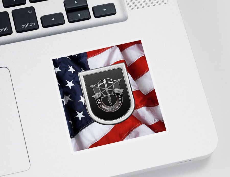 'u.s. Army Special Forces' Collection By Serge Averbukh Sticker featuring the digital art U. S. Army 5th Special Forces Group - 5 S F G Beret Flash over American Flag by Serge Averbukh