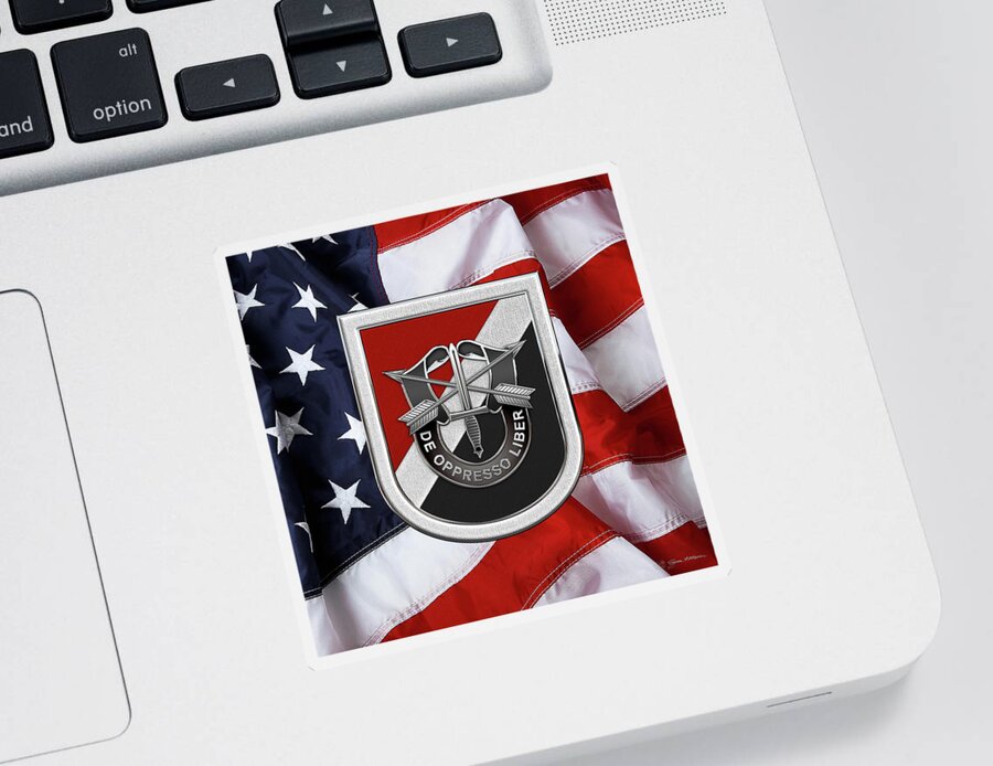 'u.s. Army Special Forces' Collection By Serge Averbukh Sticker featuring the digital art U. S. Army 6th Special Forces Group - 6th S F G Beret Flash over American Flag by Serge Averbukh