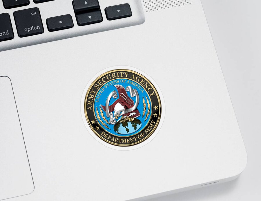 ‘military Insignia 3d’ Collection By Serge Averbukh Sticker featuring the digital art U. S. Army Security Agency - A S A Emblem over White Leather by Serge Averbukh